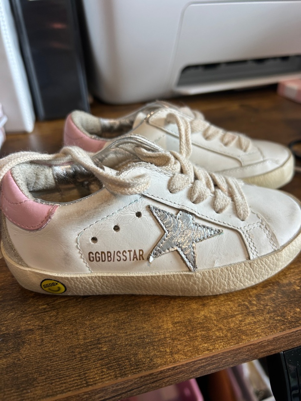 Golden Goose Kids White Sneakers with Pink Heel and Silver Star